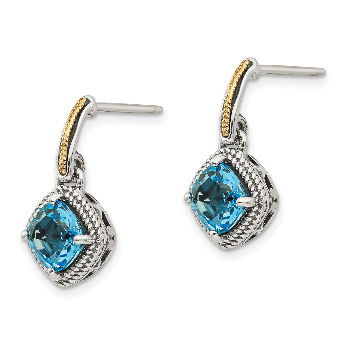 14k Yellow Gold Dangle Earrings with Swiss Blue Topaz, Two-Tone Vintage Rope Design