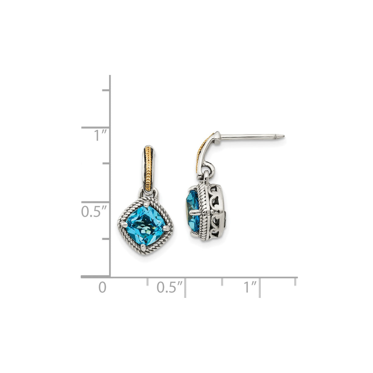 14k Yellow Gold Dangle Earrings with Swiss Blue Topaz, Two-Tone Vintage Rope Design