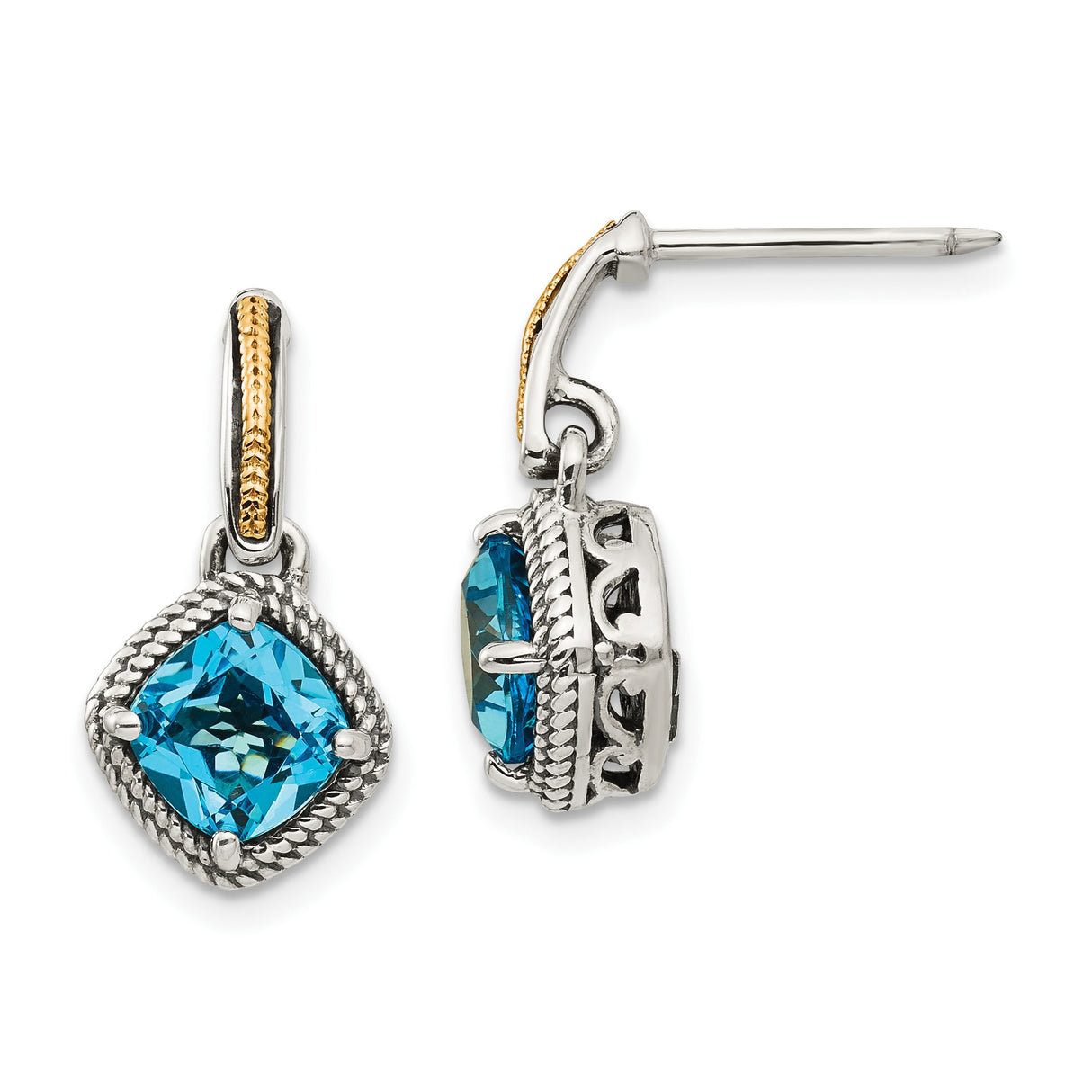 14k Yellow Gold Dangle Earrings with Swiss Blue Topaz, Two-Tone Vintage Rope Design