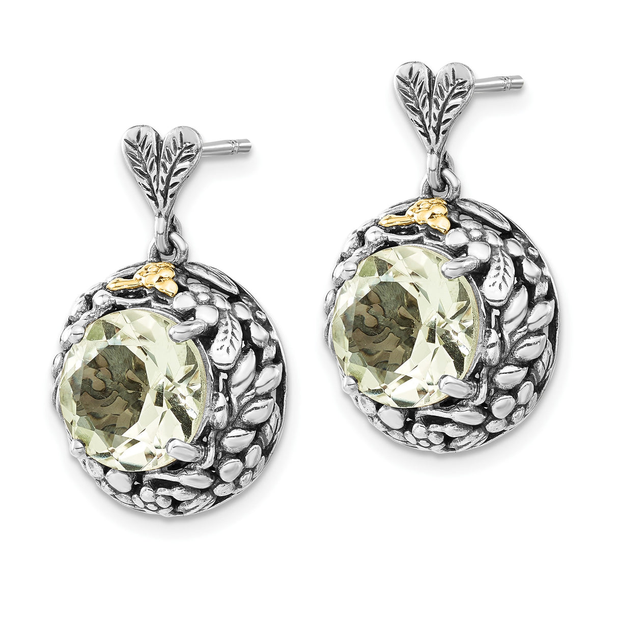 14k Two-Tone Yellow Gold Earrings with Prasiolite, Leaf and Vine Motif, Bee Accent