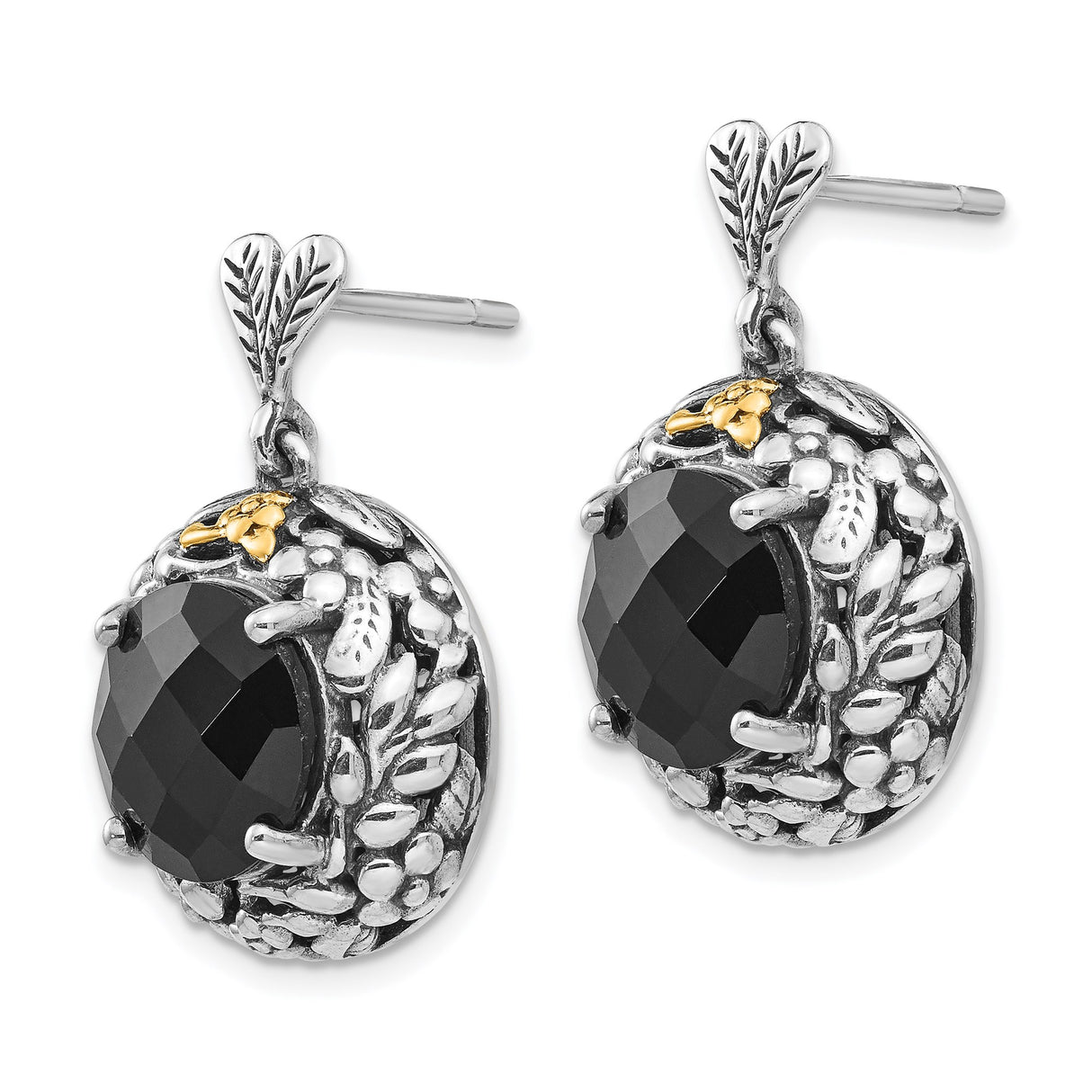 14k Two-Tone Yellow Gold Dangle Earrings with Black Onyx, Floral Vine Design