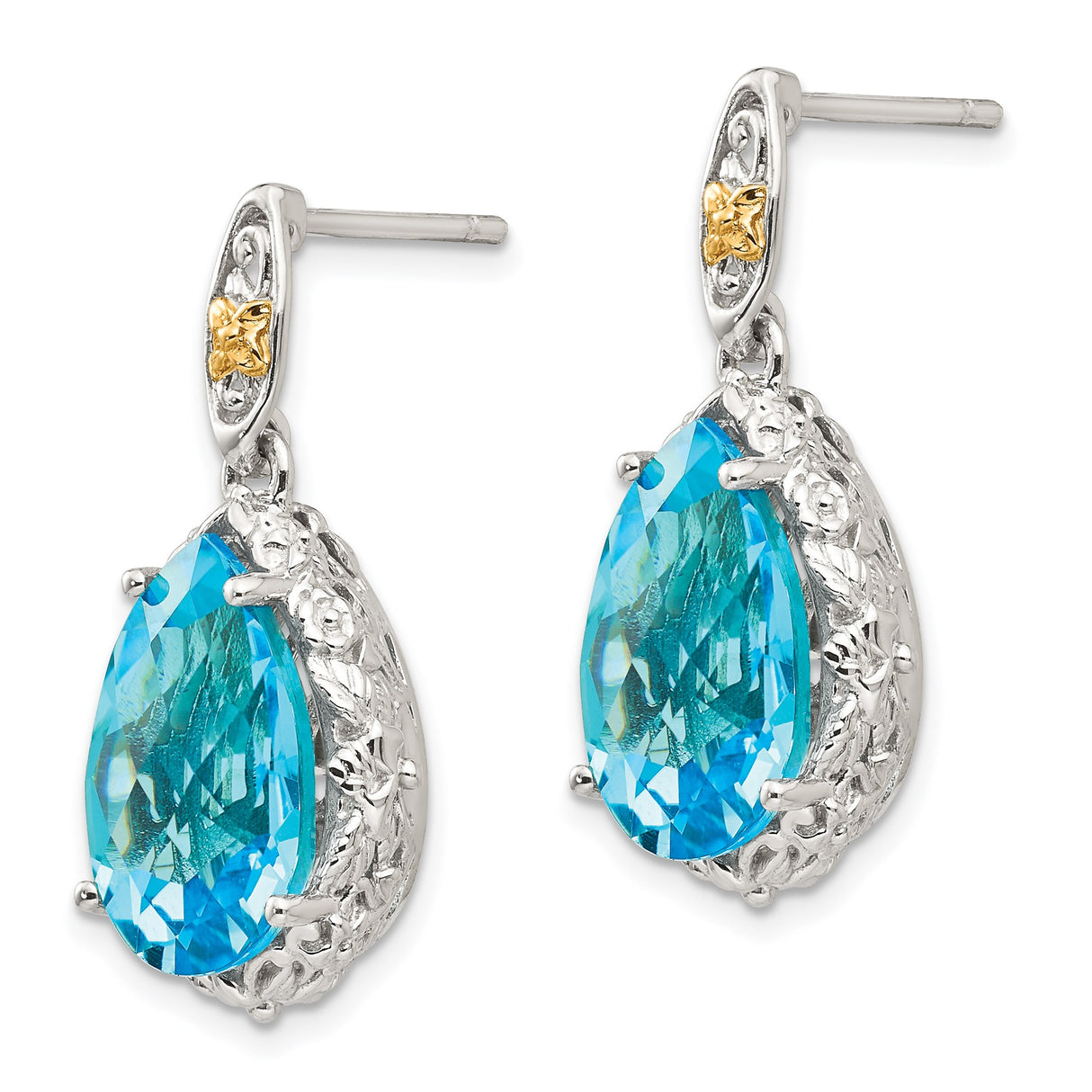 14k Yellow Gold Drop Earrings with Swiss Blue Topaz, Two-Tone Filigree Floral Design