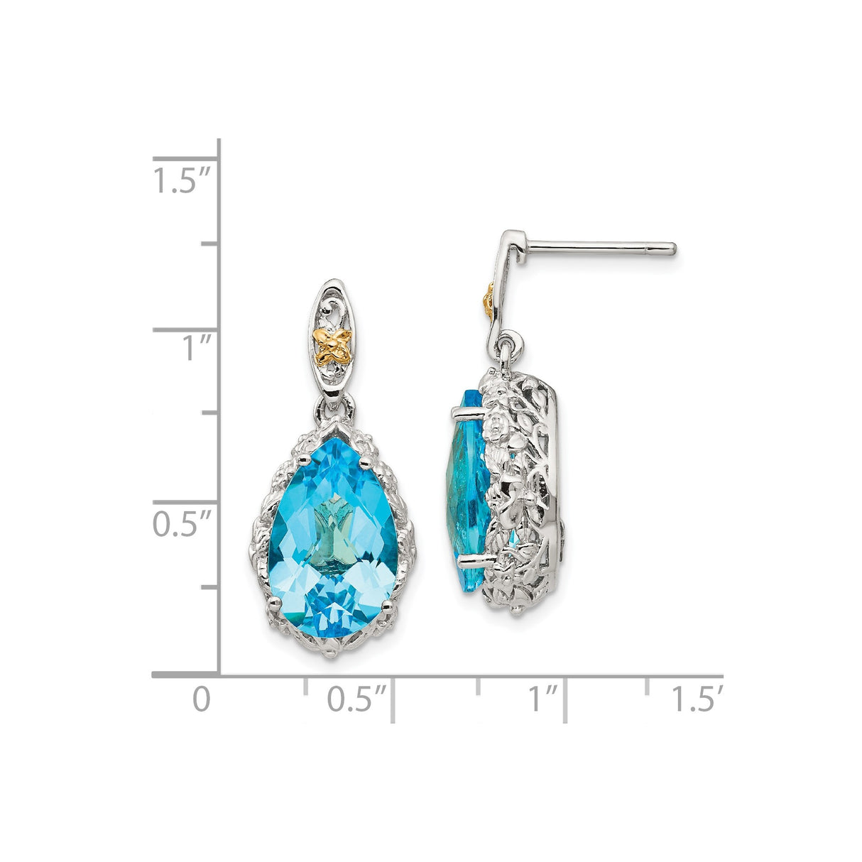 14k Yellow Gold Drop Earrings with Swiss Blue Topaz, Two-Tone Filigree Floral Design