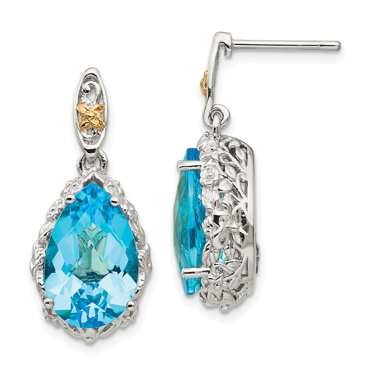14k Yellow Gold Drop Earrings with Swiss Blue Topaz, Two-Tone Filigree Floral Design