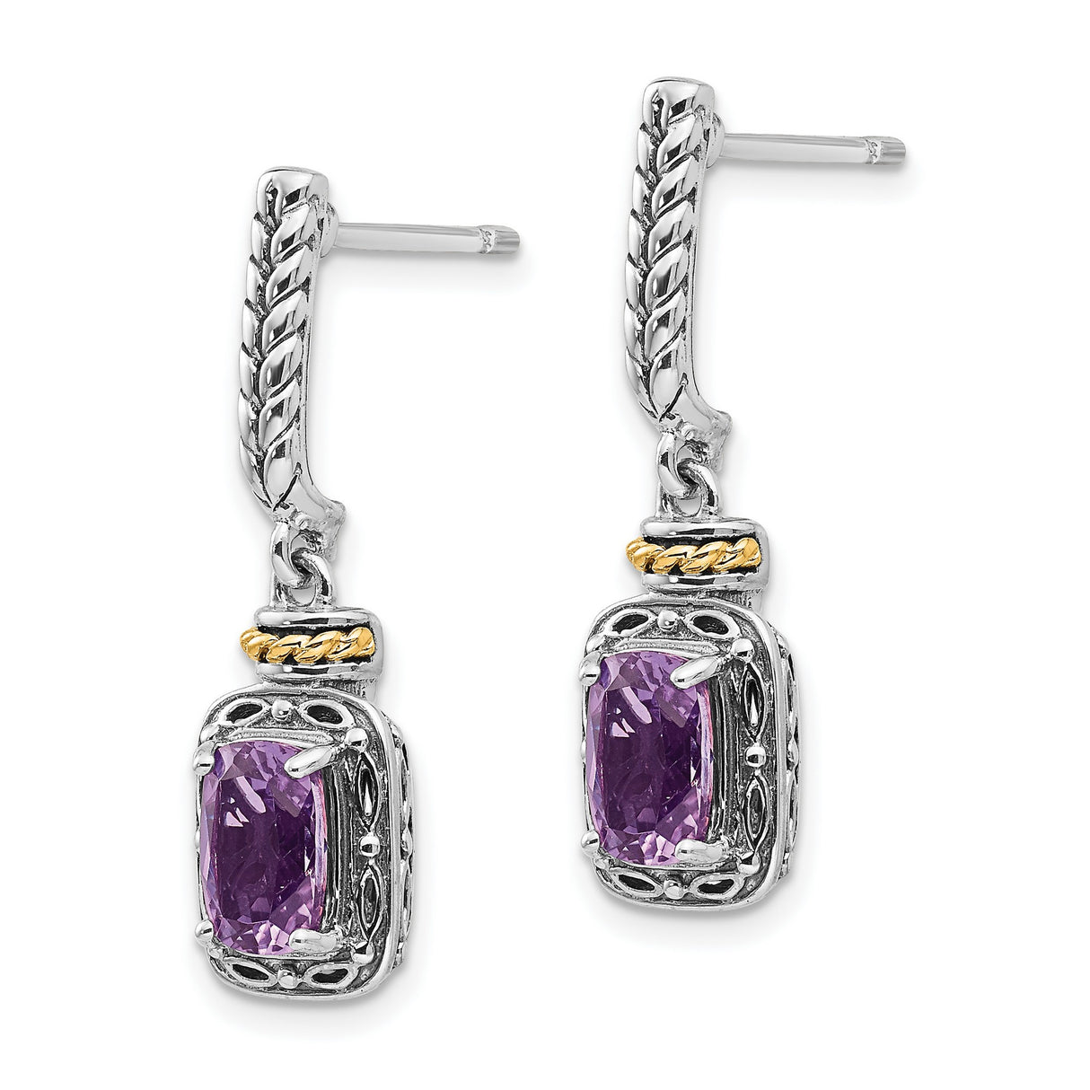 14k Two-Tone Yellow Gold Drop Earrings with Amethyst, Rope and Beaded Accents