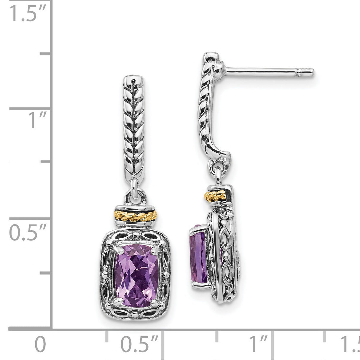 14k Two-Tone Yellow Gold Drop Earrings with Amethyst, Rope and Beaded Accents