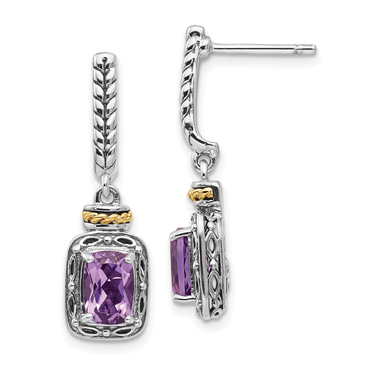 14k Yellow Gold and Sterling Silver Drop Earrings with Amethyst, Rope and Beaded Accents