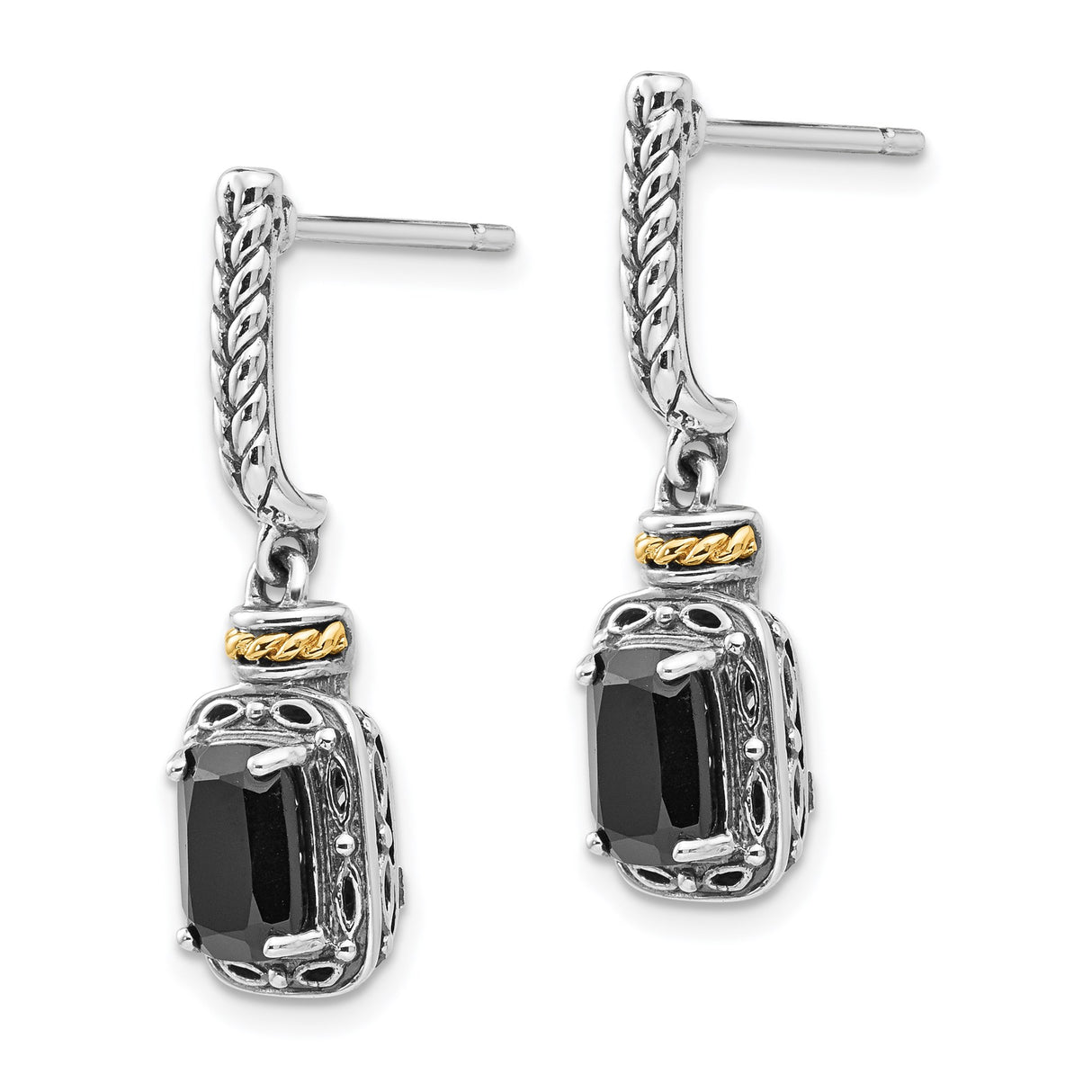 14k Two-Tone Yellow Gold Dangle Earrings with Black Onyx, Vintage Rope Design