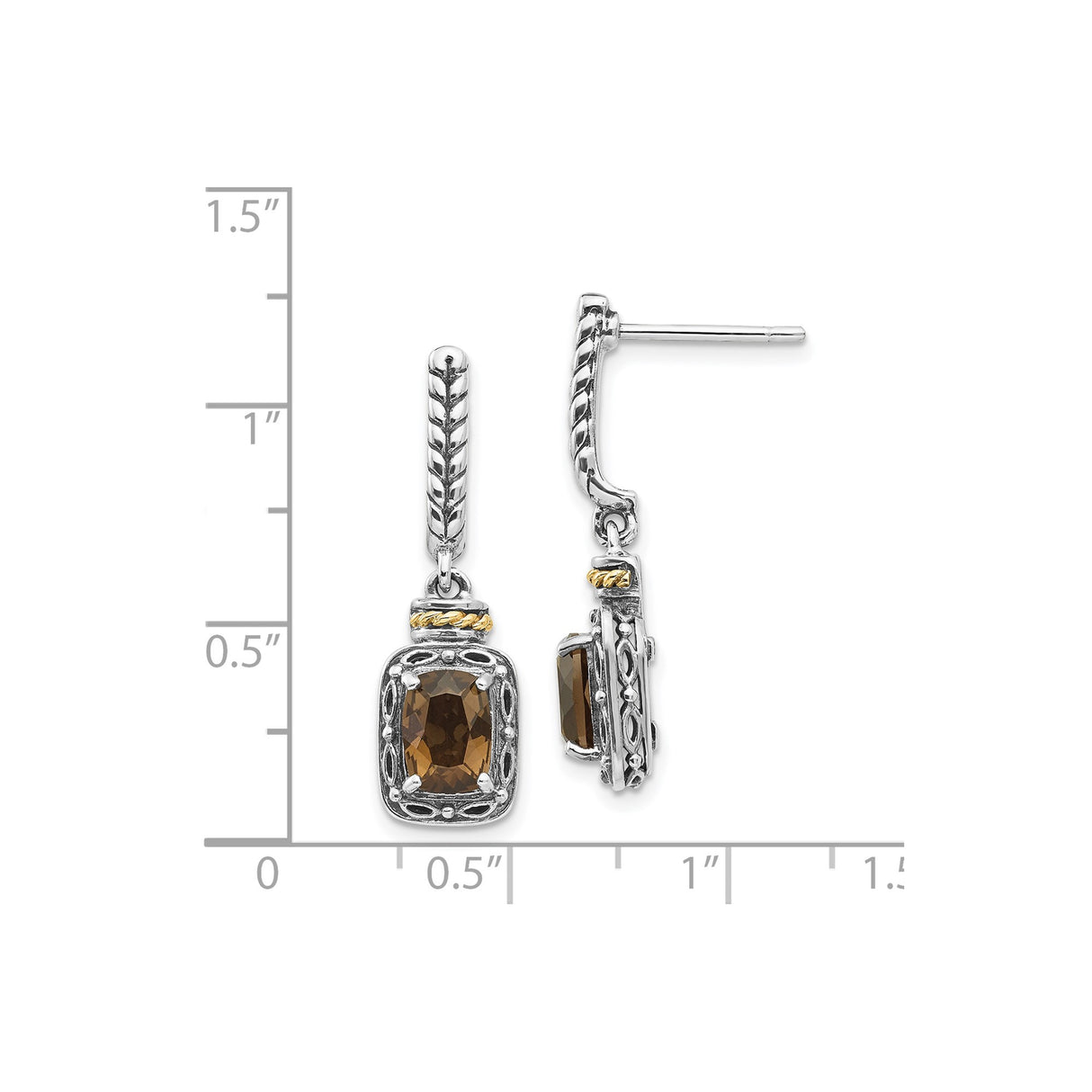 14k Yellow Gold Dangle Earrings with Rectangular Smoky Quartz, Two-Tone Vintage Rope Accents
