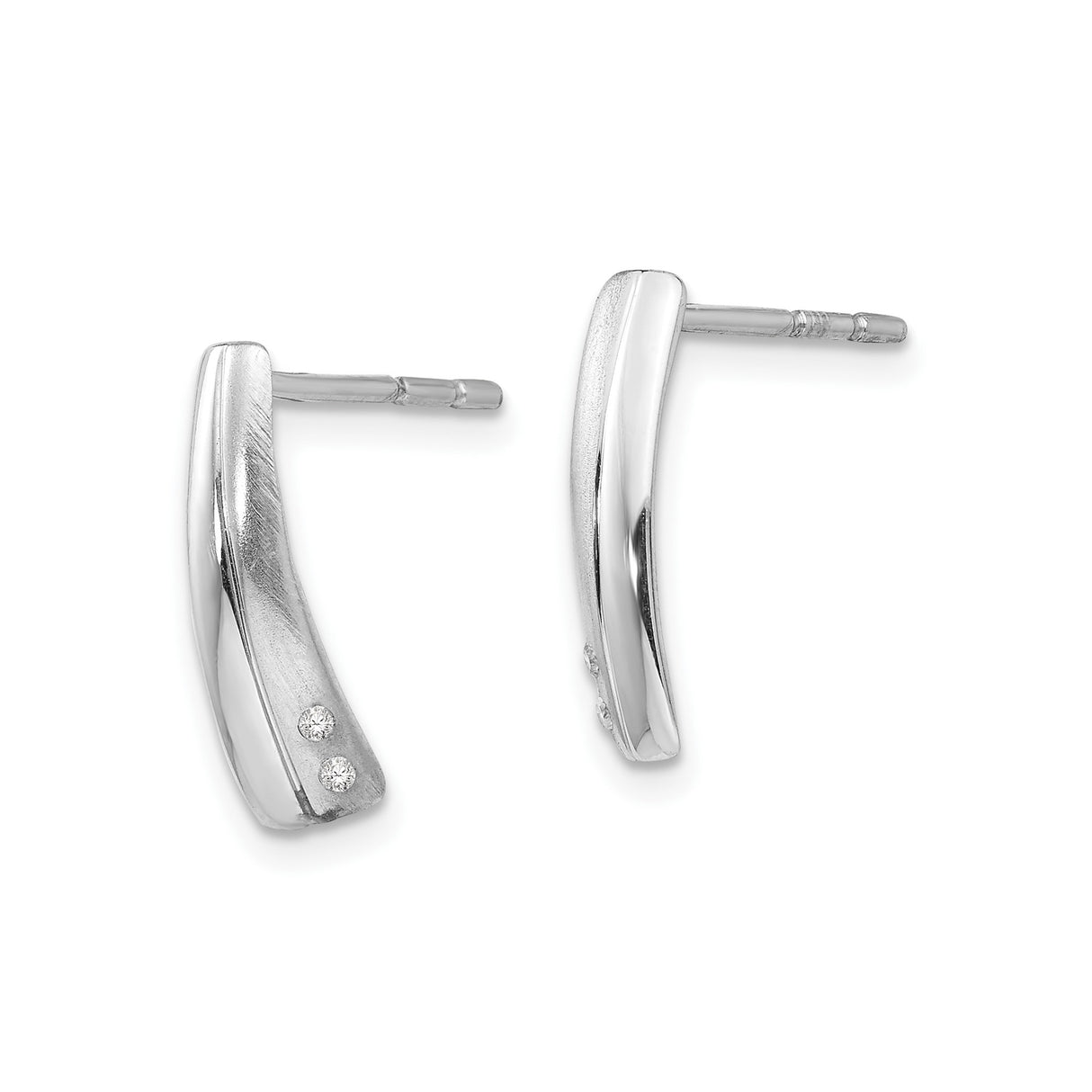 Sterling Silver Curved Bar Earrings with Diamonds, Brushed Polished Minimalist Studs