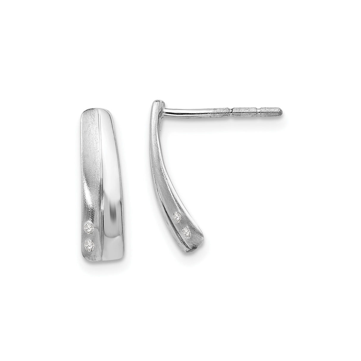 Sterling Silver Curved Bar Earrings with Cubic Zirconia, Brushed Polished Minimalist Studs
