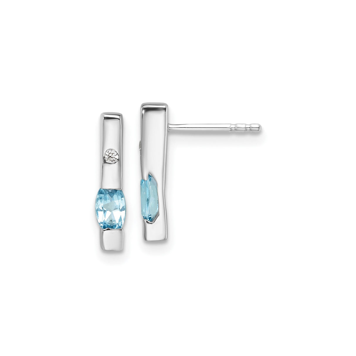 Sterling Silver Stud Earrings with Marquise Cut Swiss Blue Topaz and Diamond Accents, Modern Design