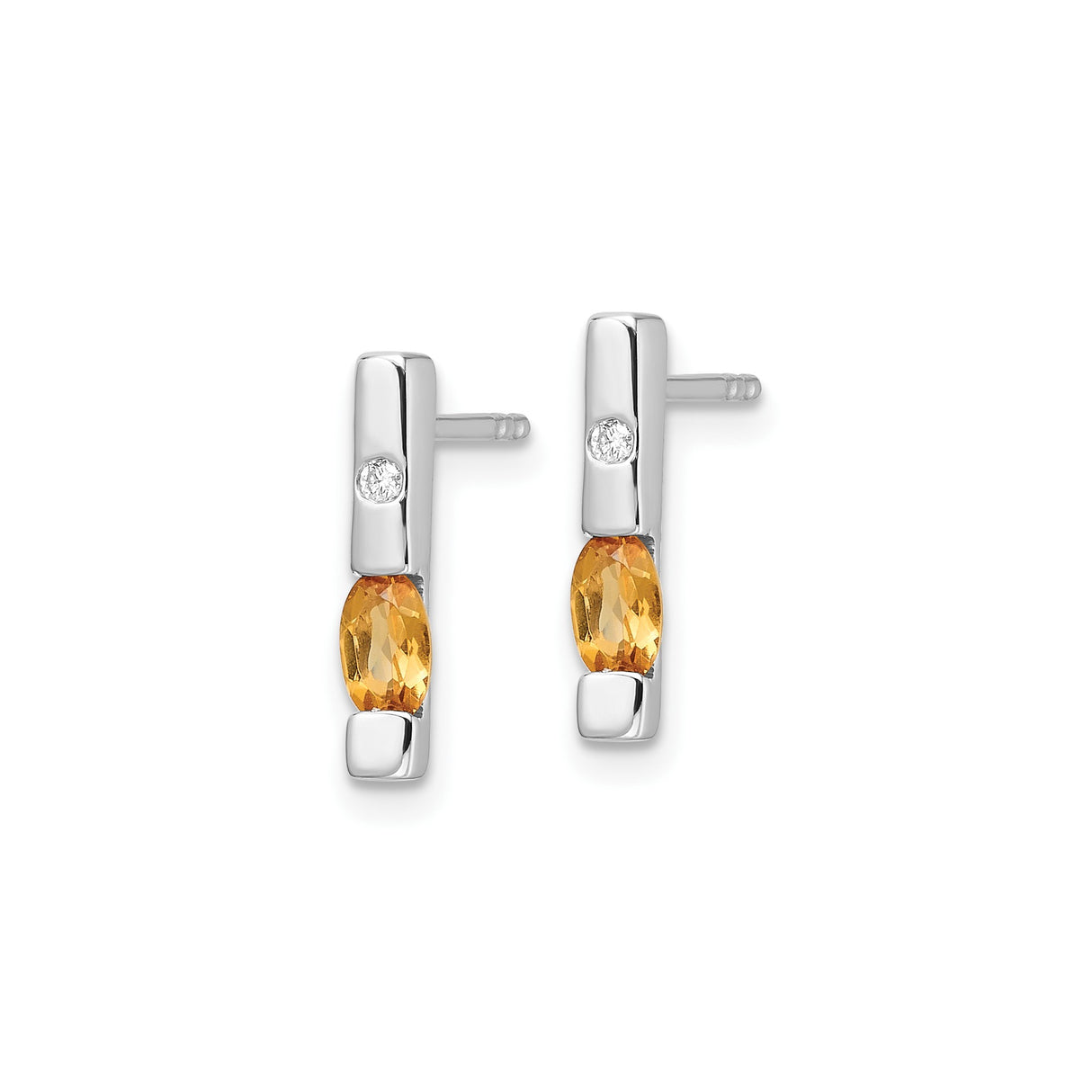 Sterling Silver Earrings with Oval Yellow Citrine and Diamond Accents, Vertical Bar Studs