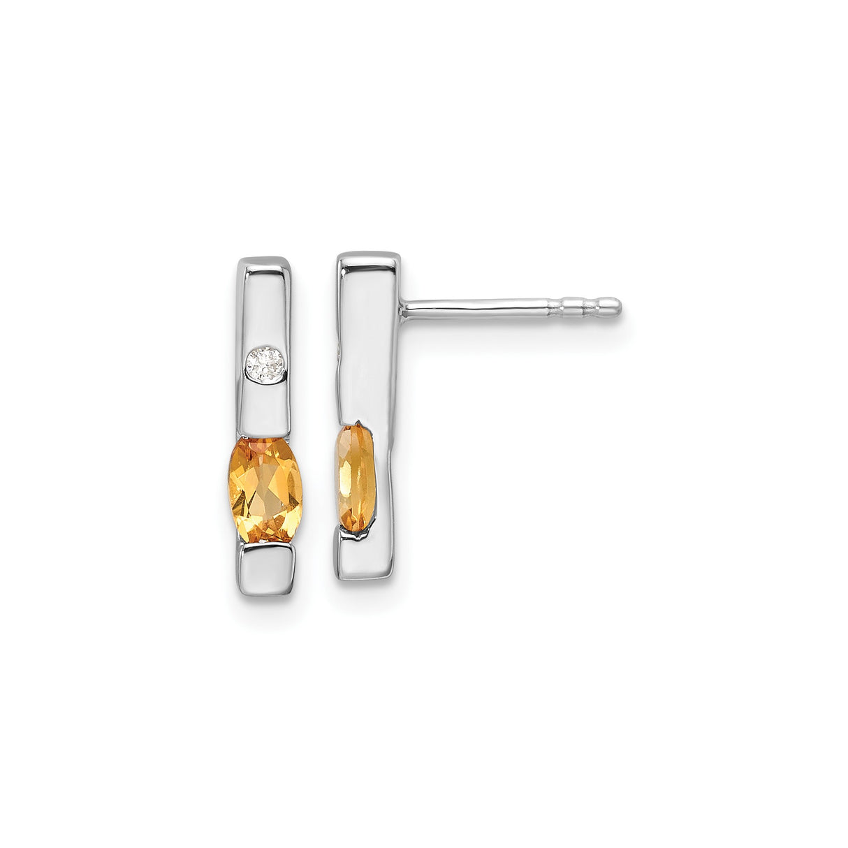 Sterling Silver Earrings with Oval Yellow Citrine and Diamond Accents, Vertical Bar Studs