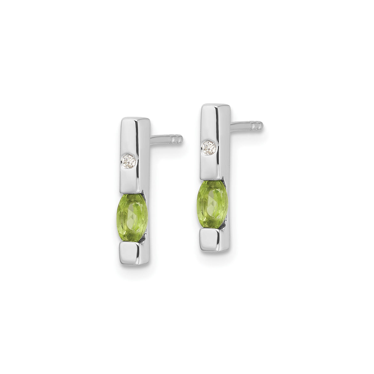 Sterling Silver Peridot Stud Earrings with Diamond Accent, Rectangular Minimalist Design
