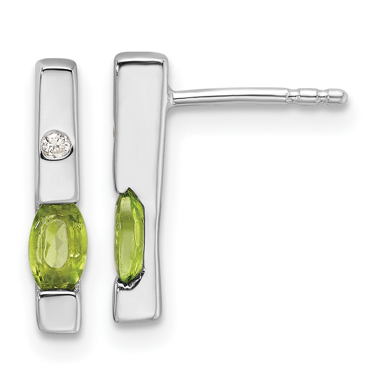 Sterling Silver Peridot Stud Earrings with Diamond Accent, Rectangular Minimalist Design