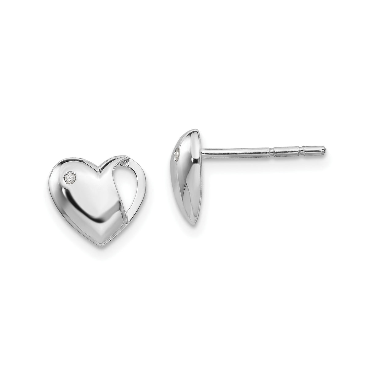 Sterling Silver Heart Stud Earrings with Diamond, Open Heart Design for Women