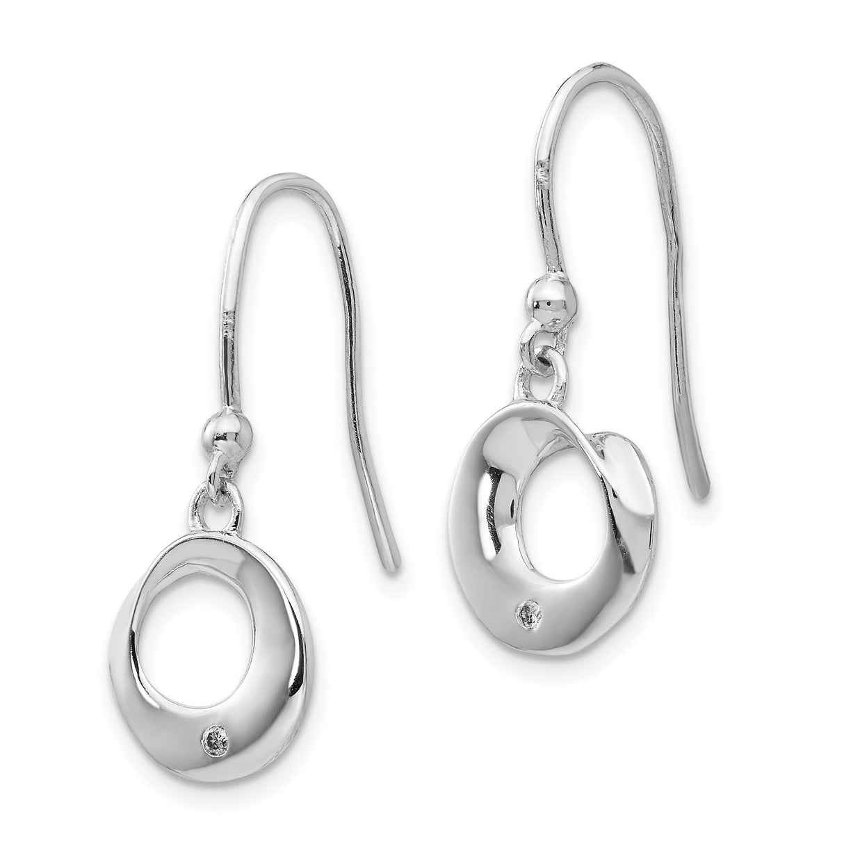 Sterling Silver Dangle Earrings with Diamond Accent, Open Circle Drop, Minimalist Hook Back