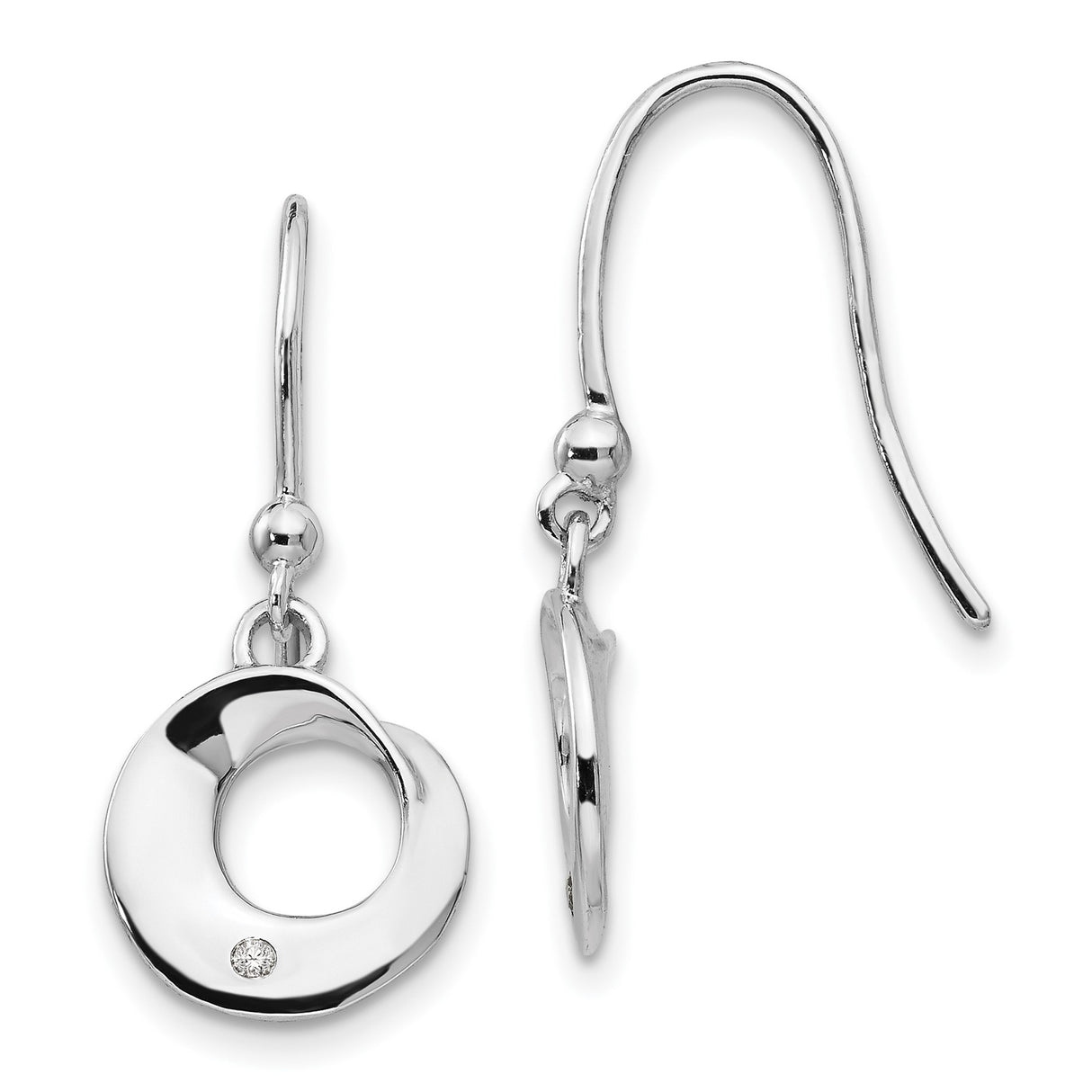 Sterling Silver Dangle Earrings with Diamond Accent, Open Circle Drop, Minimalist Hook Back