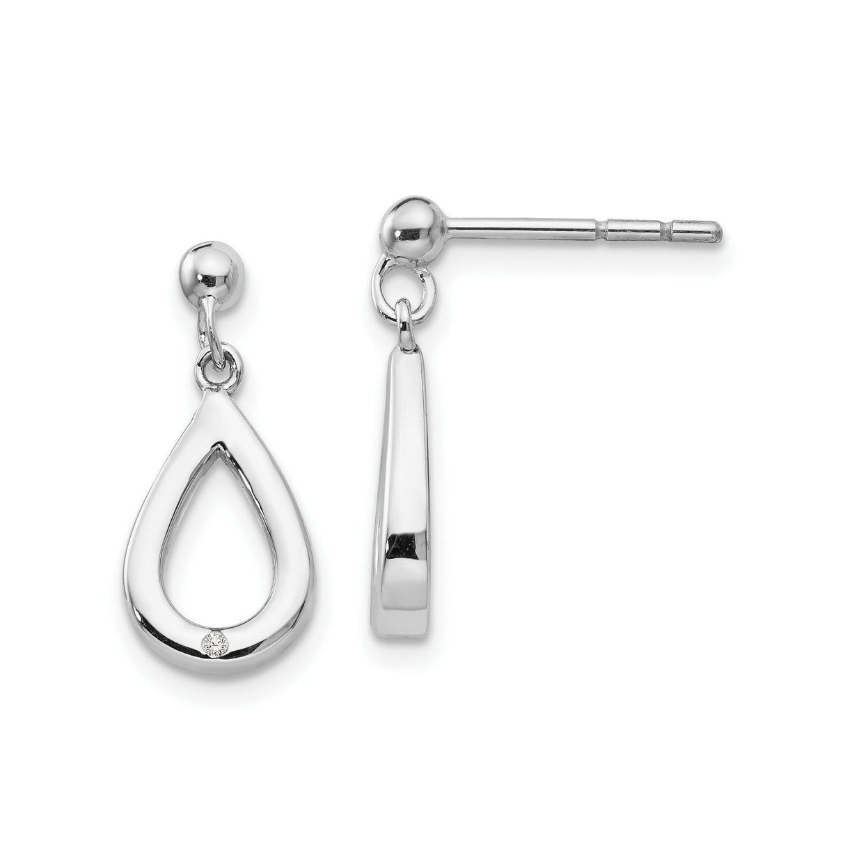 Sterling Silver Teardrop Dangle Earrings with Diamond Accent, Open Drop Minimalist Design