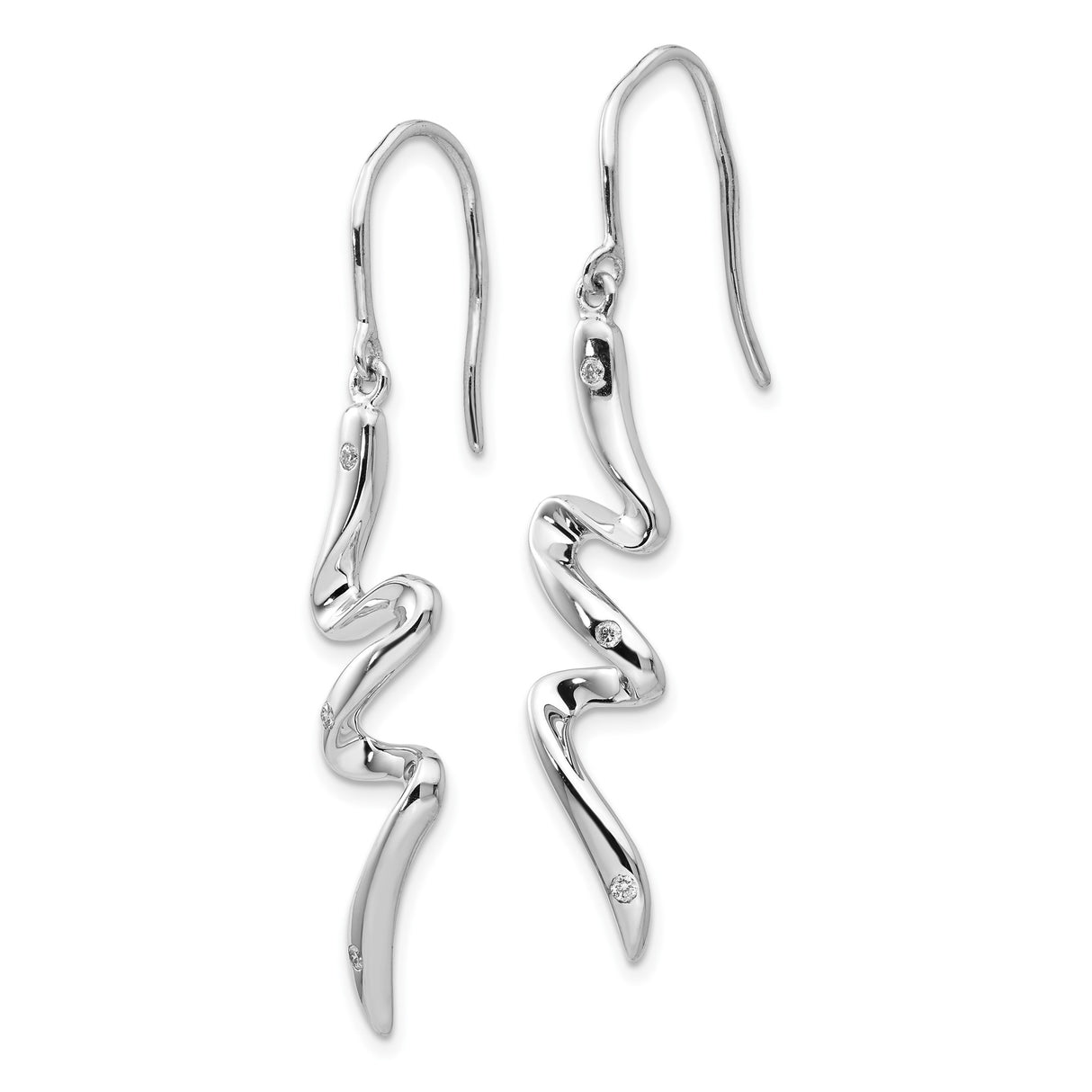 Sterling Silver Dangle Earrings with Diamonds, Abstract Wave Design