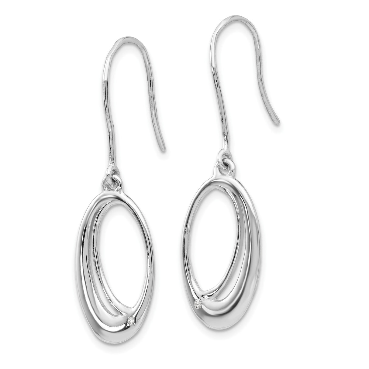Sterling Silver Dangle Earrings with Diamond Accent, Open Oval Design, Shepherd Hooks