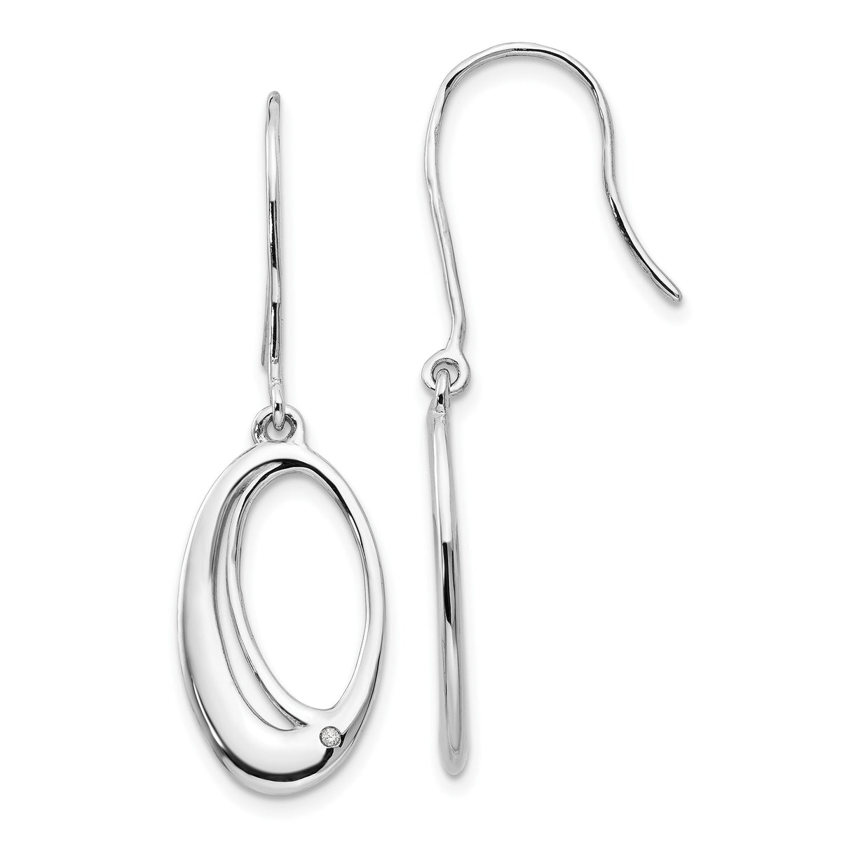 Sterling Silver Dangle Earrings with Diamond Accent, Open Oval Design, Shepherd Hooks