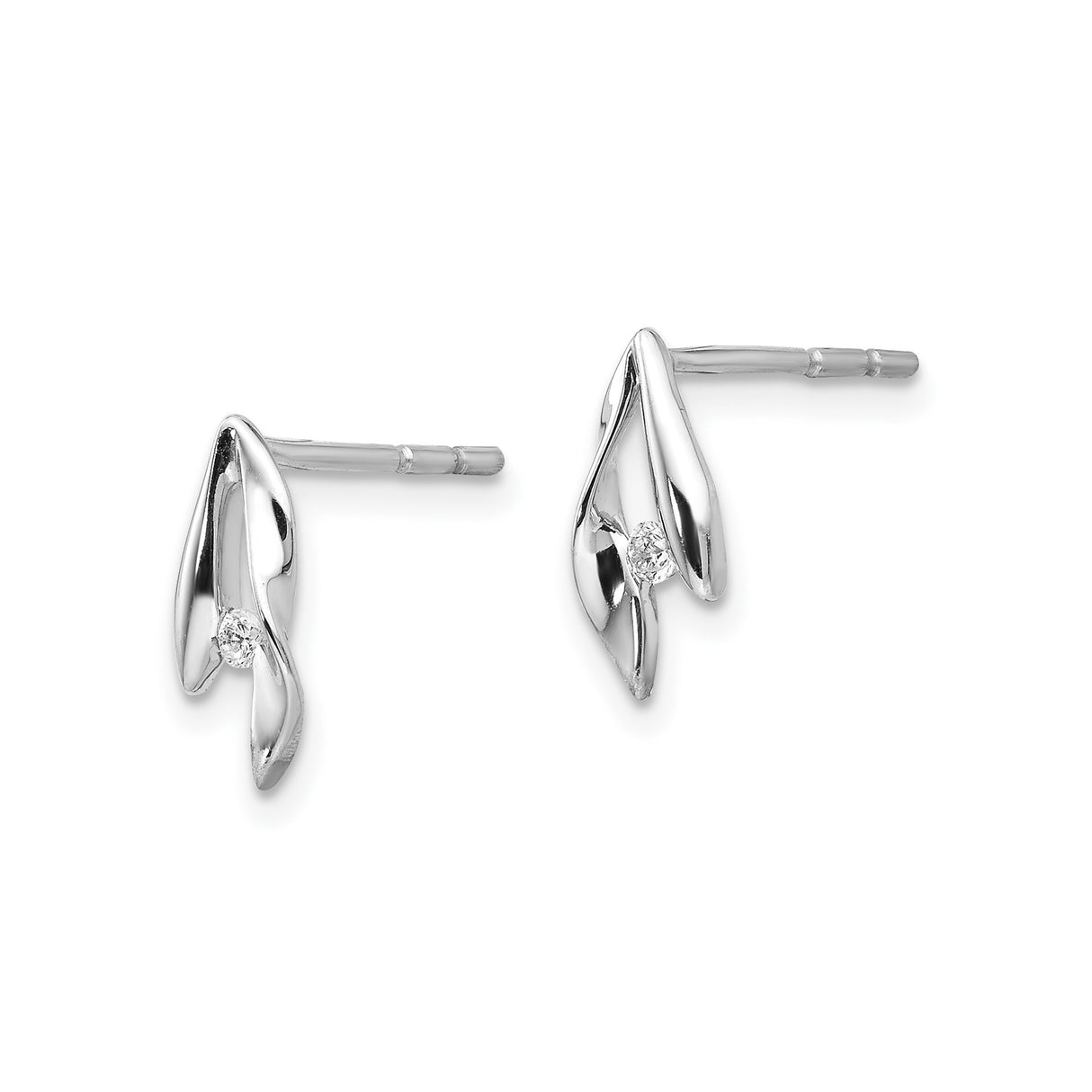 Sterling Silver Stud Earrings with Diamond Accent, Leaf Design, Minimalist Floral Style
