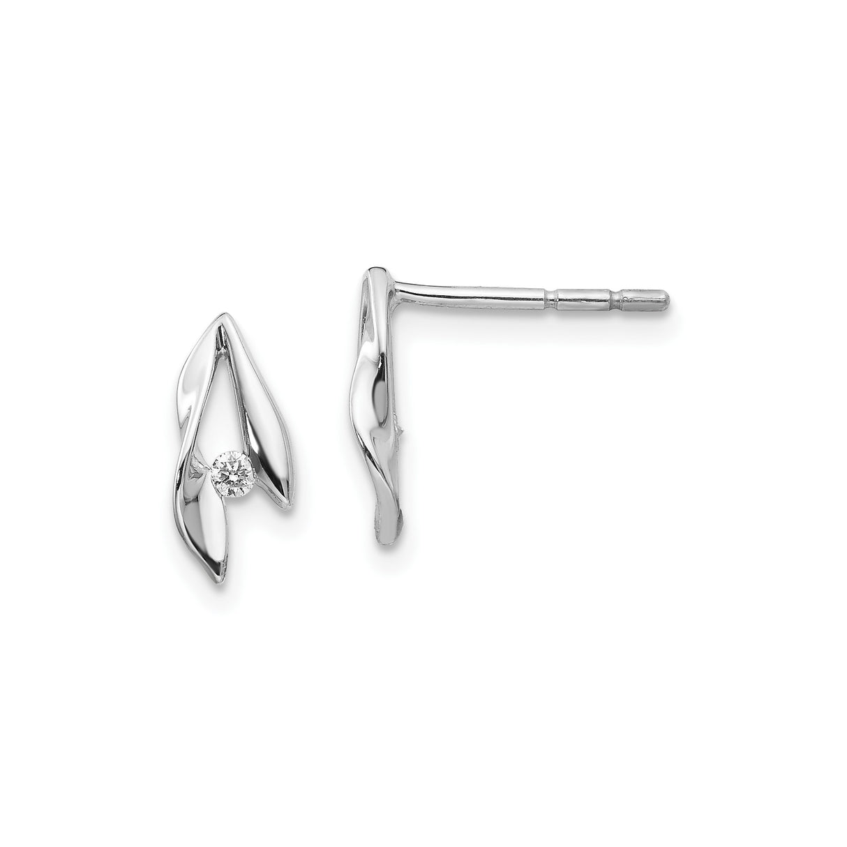 Sterling Silver Stud Earrings with Diamond Accent, Leaf Design, Minimalist Floral Style