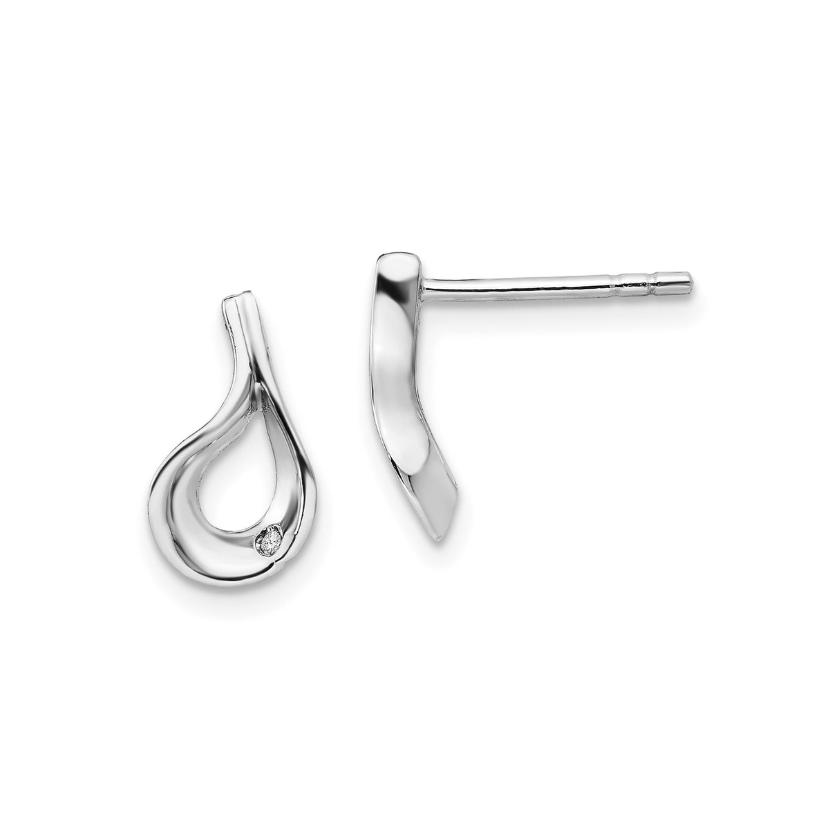 Sterling Silver Teardrop Stud Earrings with Diamond Accent, Open Loop Minimalist Design