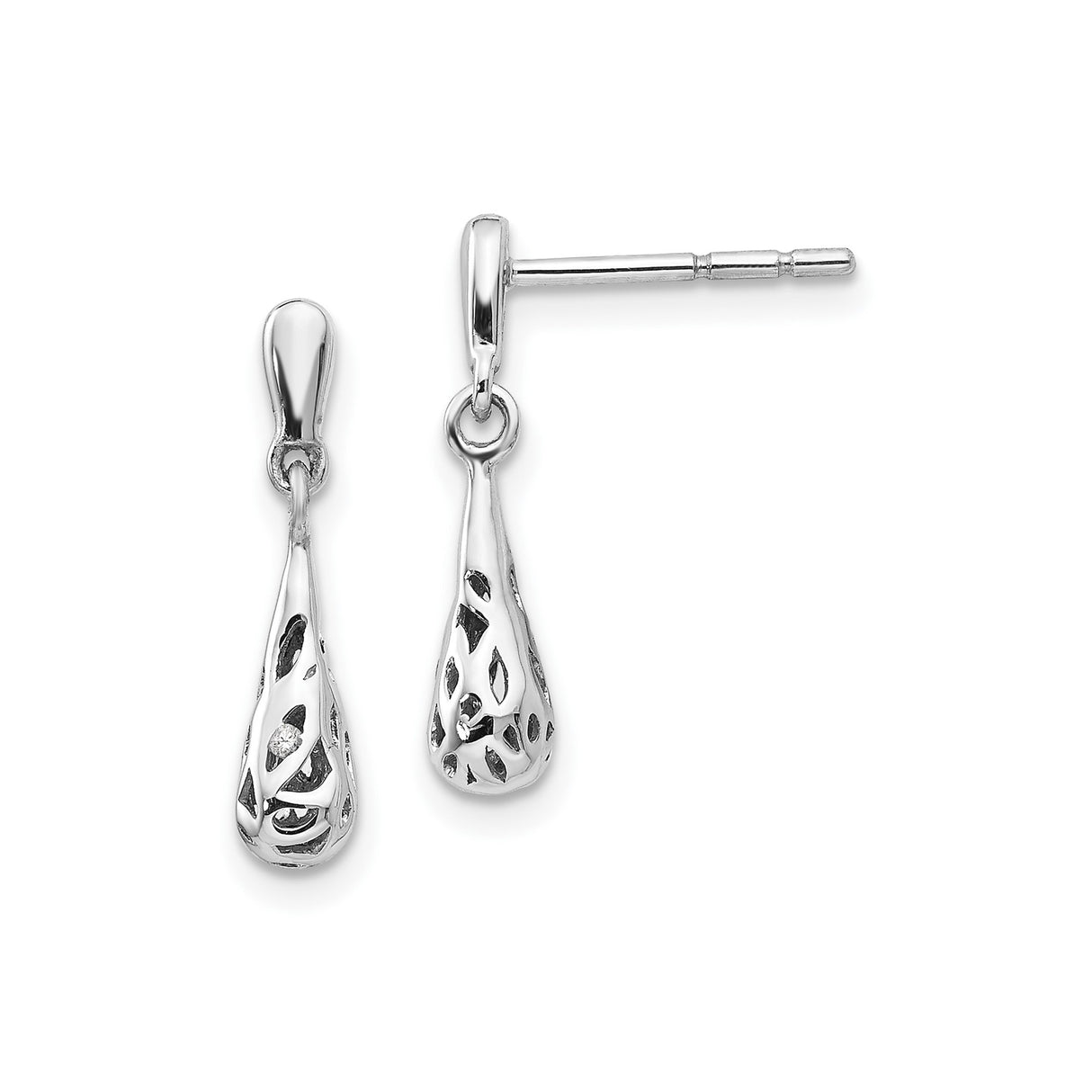 Sterling Silver Teardrop Dangle Earrings with Diamond and Filigree Leaf Design