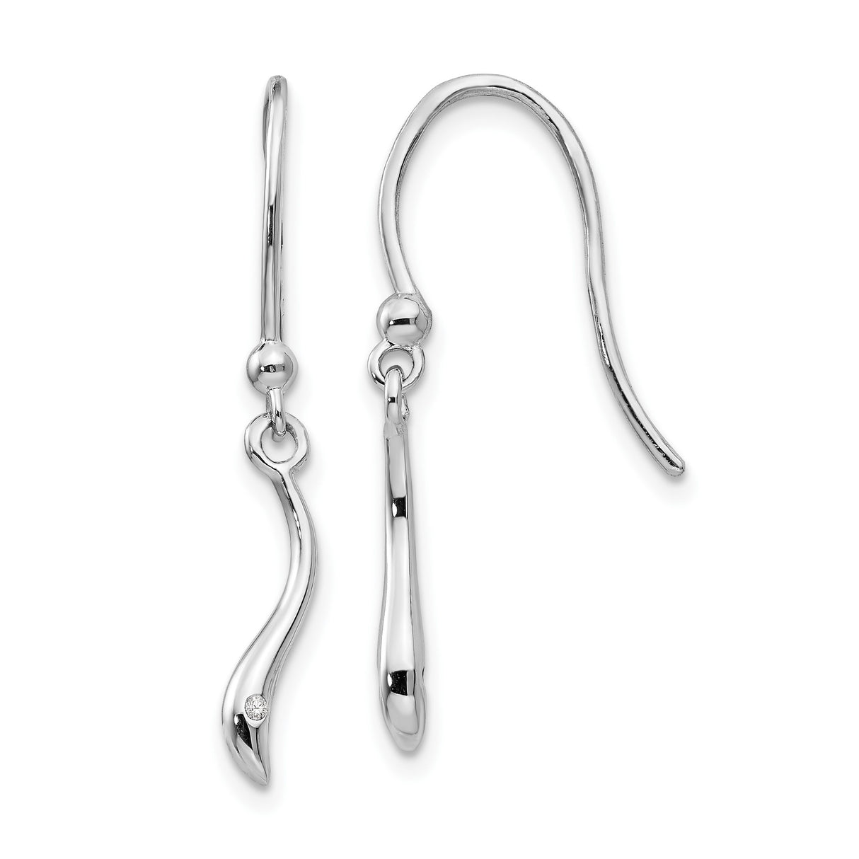 Sterling Silver Dangle Earrings with Diamond Accent, Wave Design, Modern Minimalist Style