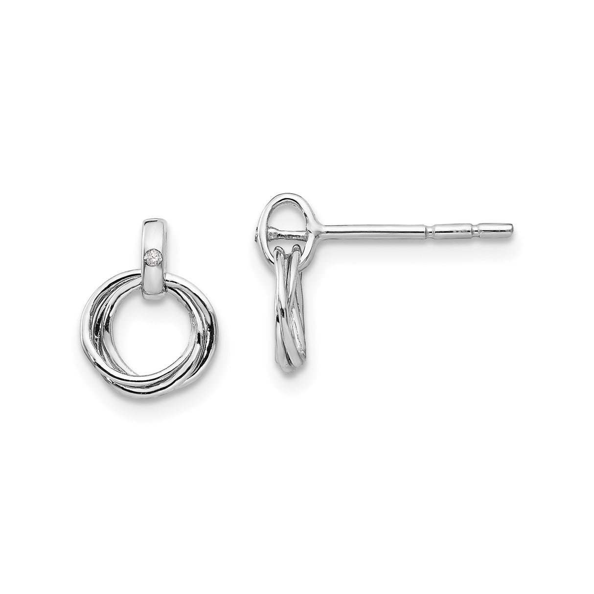 Sterling Silver Interlocking Circle Stud Earrings with Diamond Accent, Minimalist Knot Design