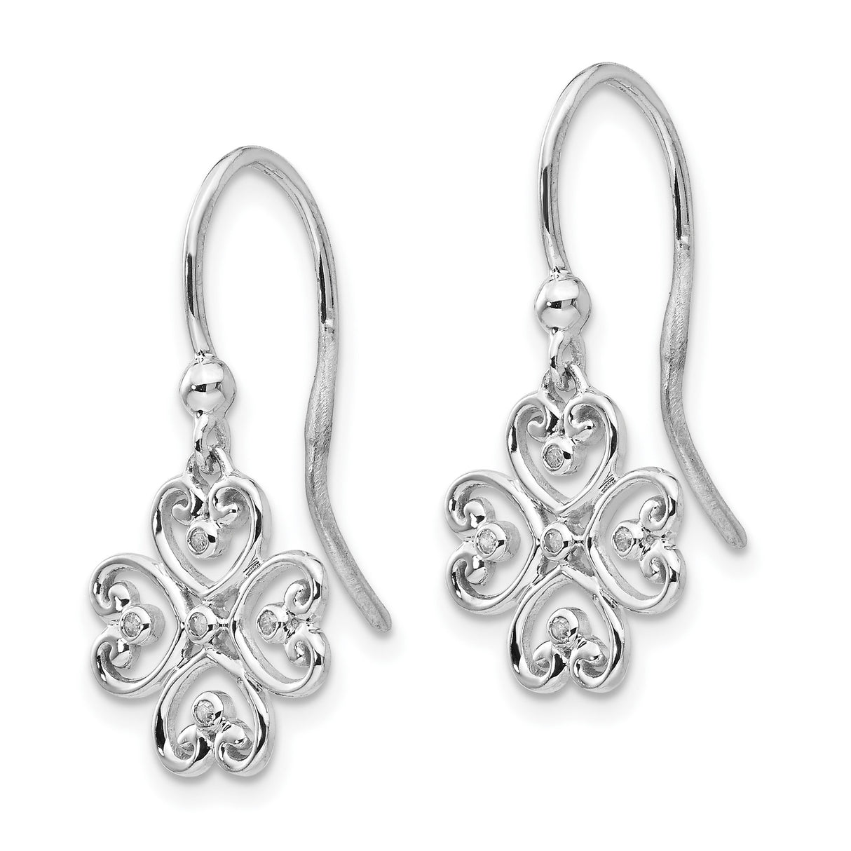 Sterling Silver Dangle Earrings with Diamond Accents, Openwork Four Heart Clover Design