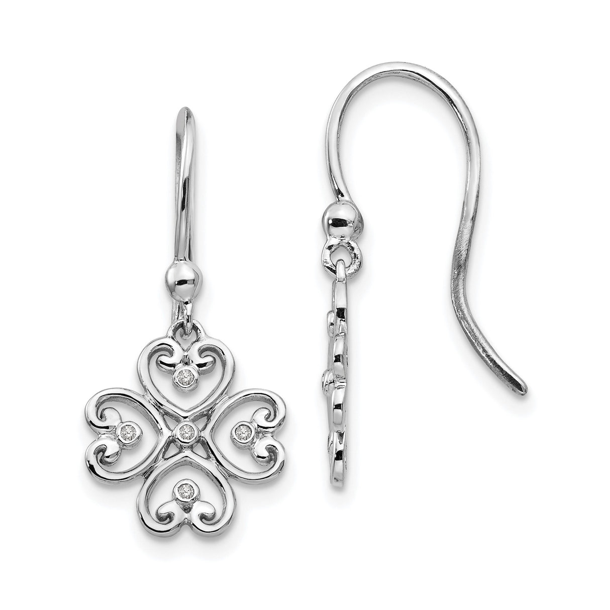 Sterling Silver Dangle Earrings with Diamond Accents, Openwork Four Heart Clover Design
