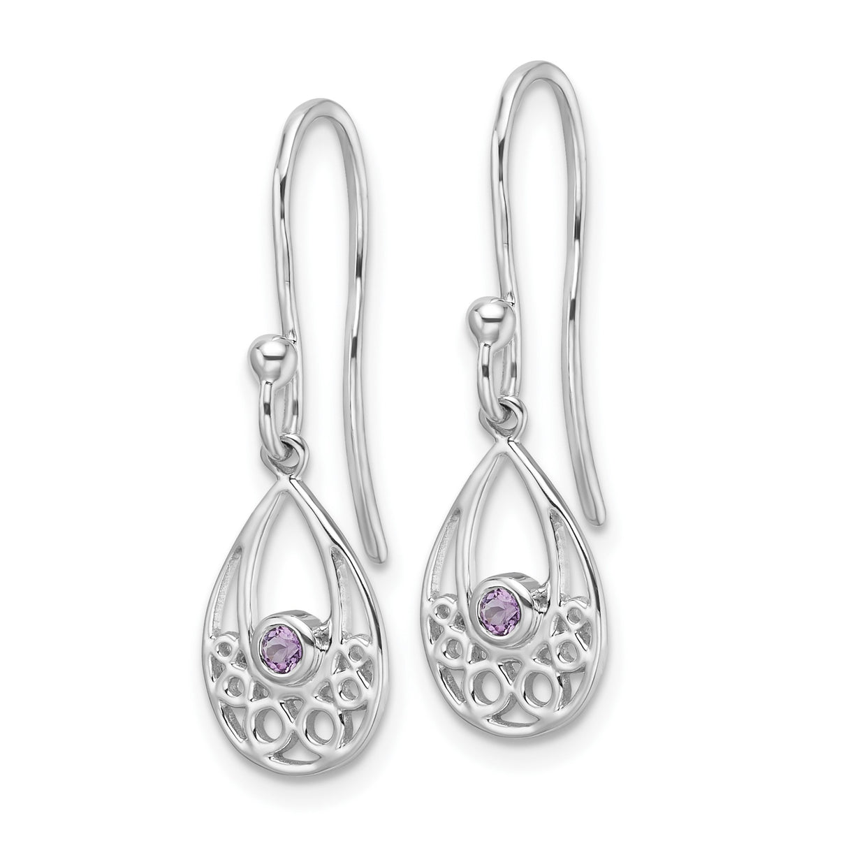 Sterling Silver Dangle Earrings with Amethyst, Teardrop Filigree Cutout and Celtic Motifs