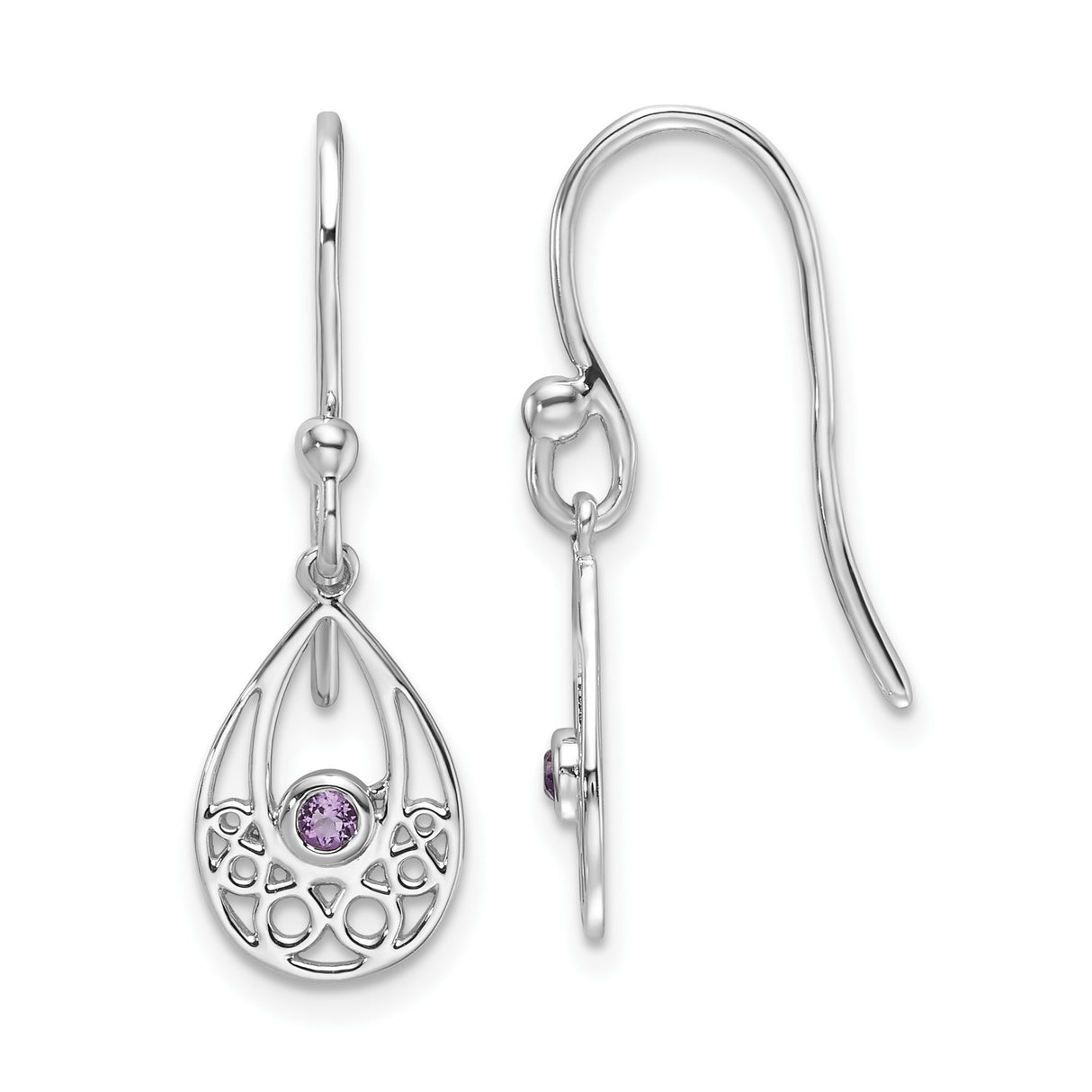 Sterling Silver Dangle Earrings with Amethyst, Teardrop Filigree Cutout and Celtic Motifs
