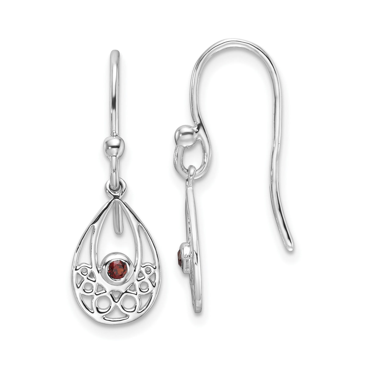 Sterling Silver Dangle Earrings with Garnet, Teardrop Design and Celtic Knotwork
