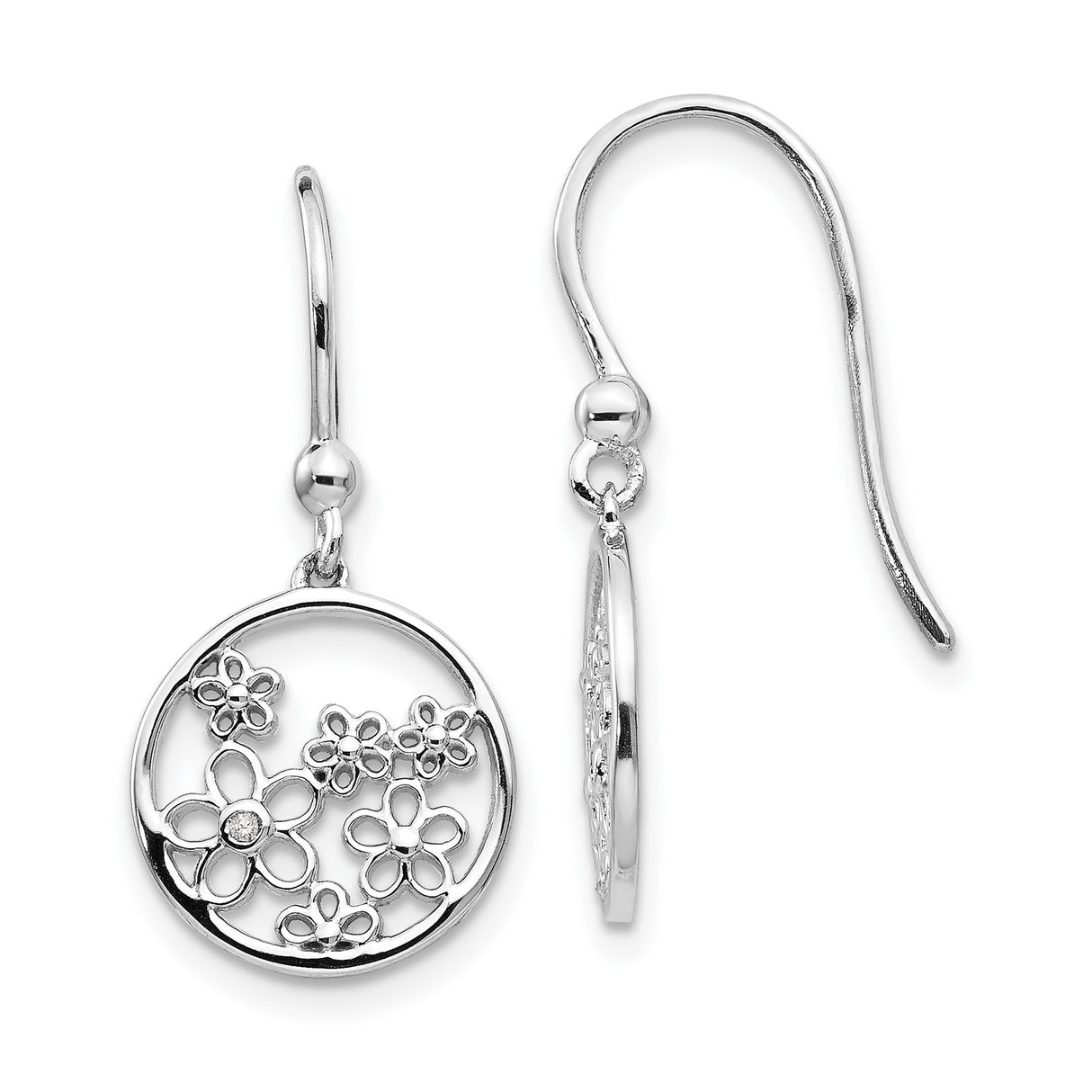 Sterling Silver Dangle Earrings with Diamond, Floral Openwork Blossom Design for Women