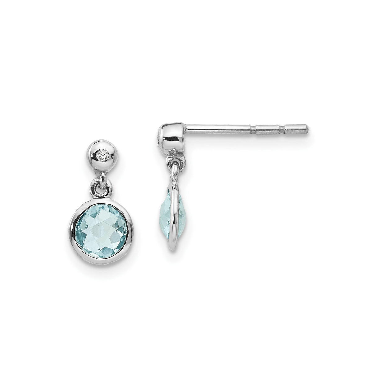 Sterling Silver Dangle Earrings with Swiss Blue Topaz and Diamond Accents, Bezel Set Drop Design