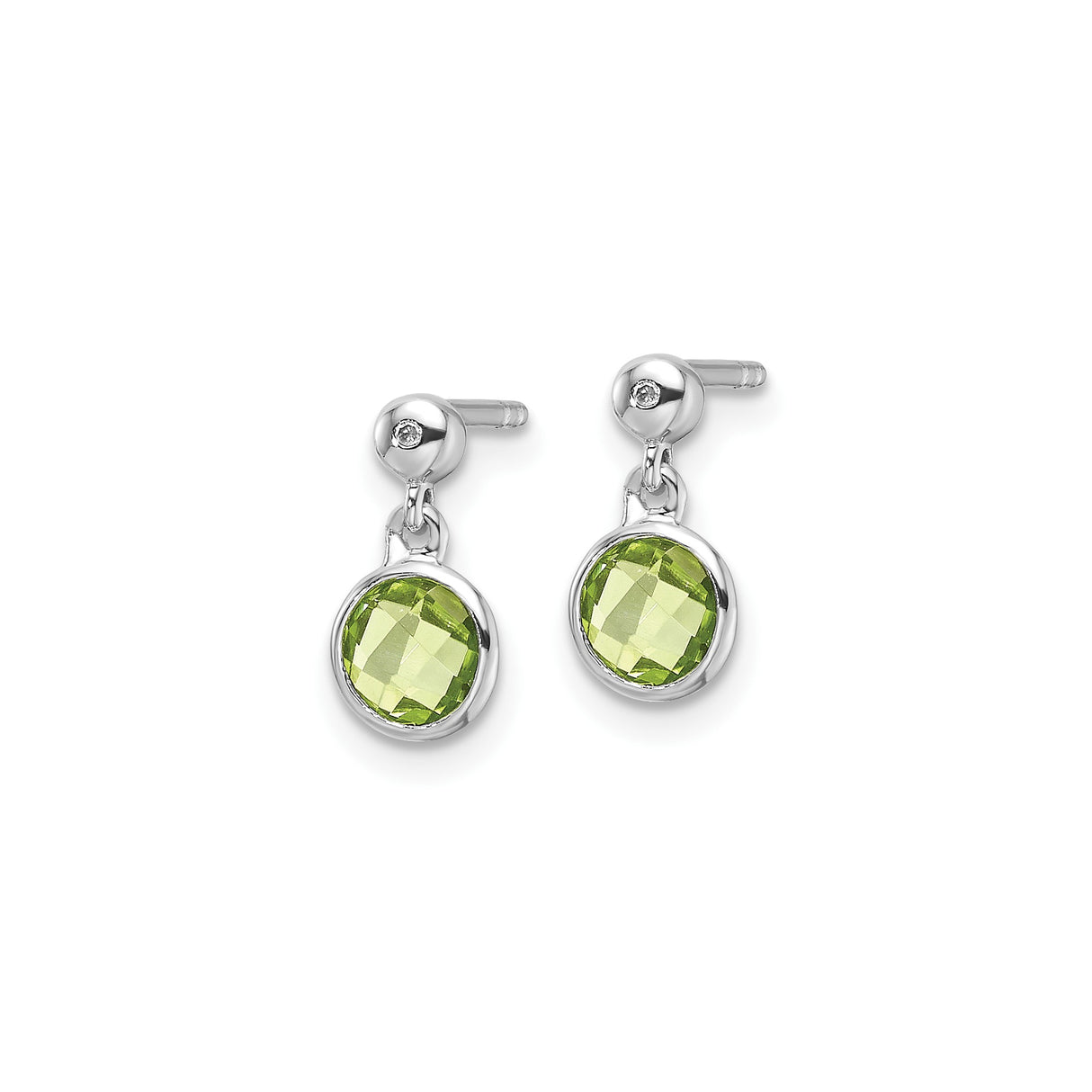 Sterling Silver Dangle Earrings with Peridot and Diamond Accent, Bezel Set Drop Design