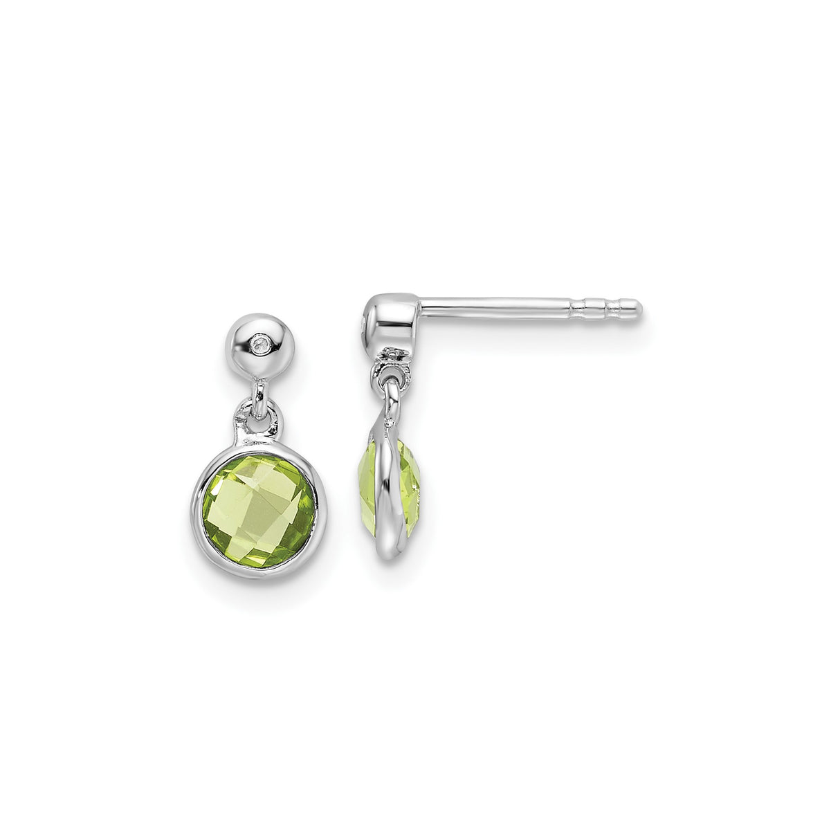 Sterling Silver Dangle Earrings with Peridot and Diamond Accent, Bezel Set Drop Design