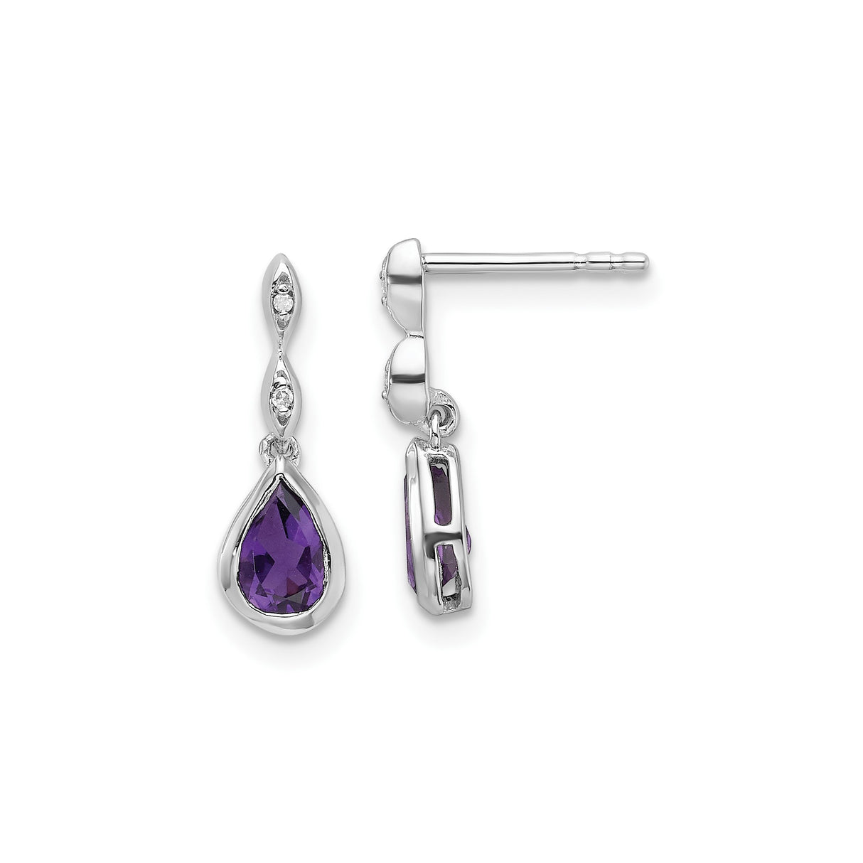 Sterling Silver Dangle Earrings with Teardrop Amethyst and Diamond Accents, February Birthstone Design