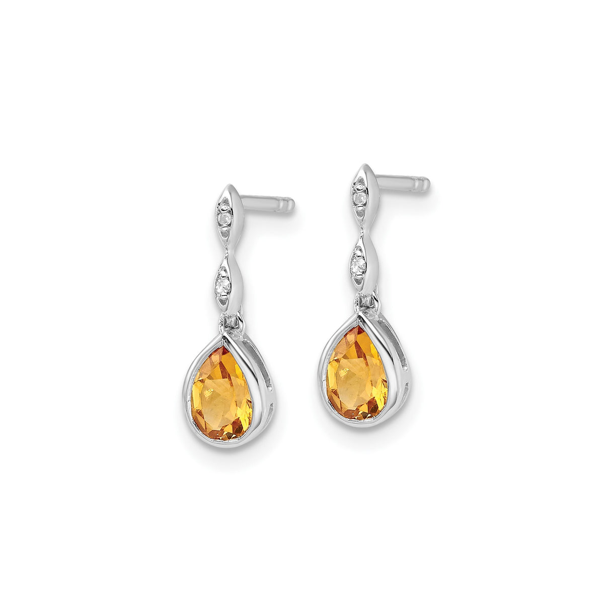 Sterling Silver Dangle Earrings with Pear Shaped Citrine and Diamond Accent Stones, Teardrop Design
