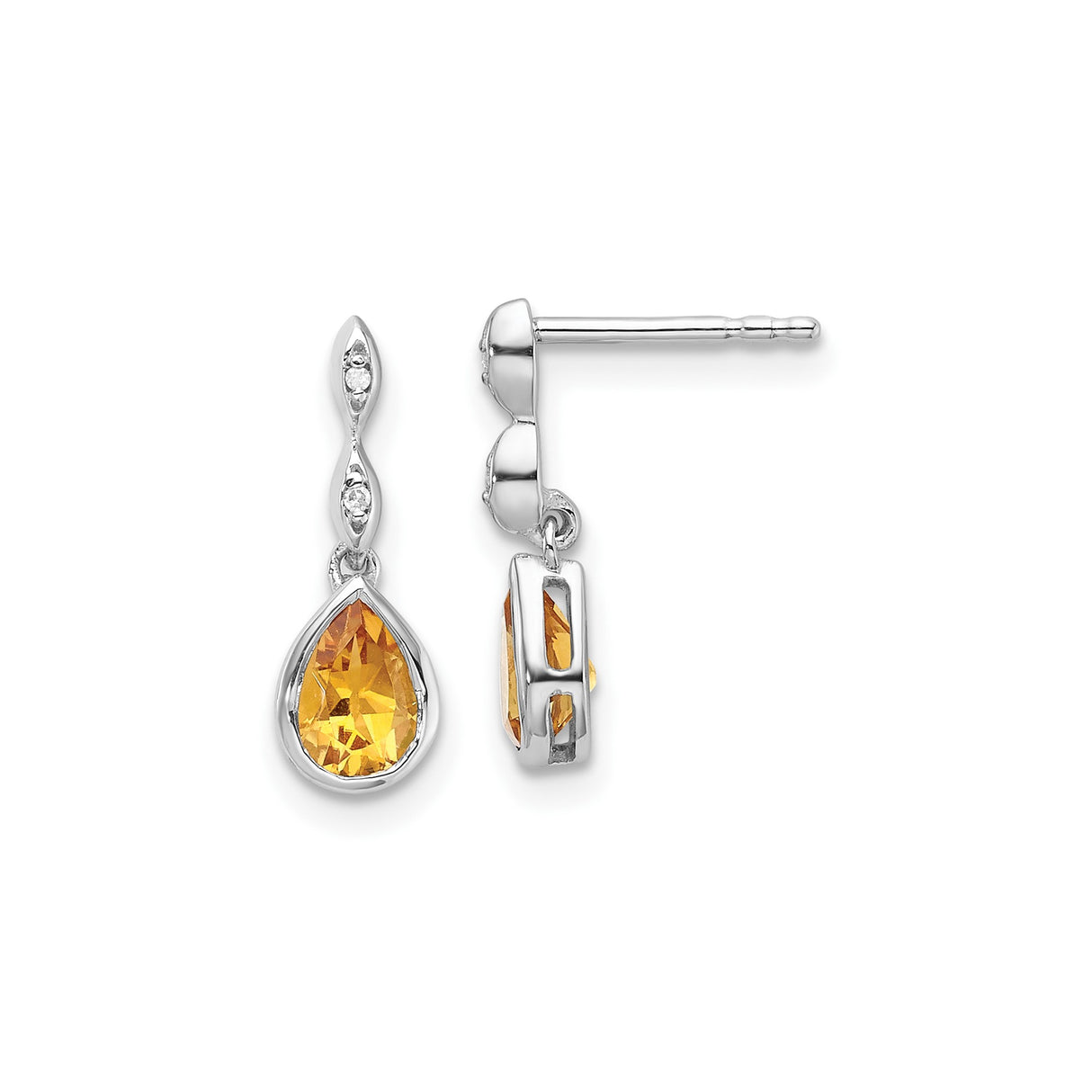Sterling Silver Dangle Earrings with Pear Shaped Citrine and Diamond Accent Stones, Teardrop Design