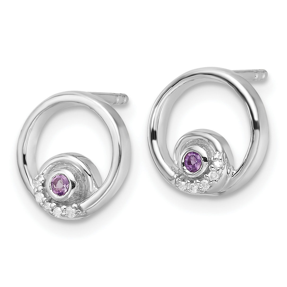 Sterling Silver Stud Earrings with Amethyst and Diamond, Open Circle Design, Minimalist Jewelry for Women