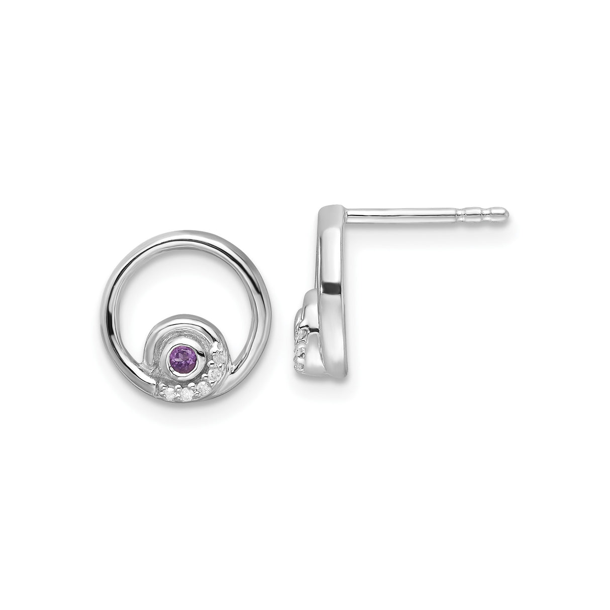 Sterling Silver Stud Earrings with Amethyst and Diamond, Open Circle Design, Minimalist Jewelry for Women