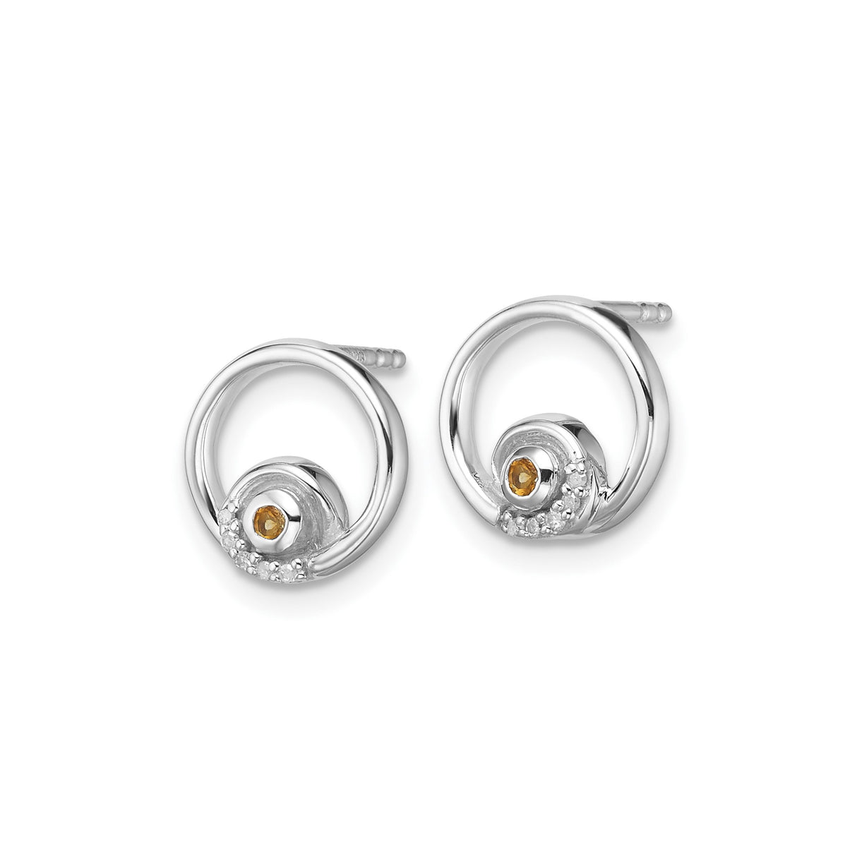 Sterling Silver Spiral Stud Earrings with Citrine and Diamond Accents, Modern Open Circle Design