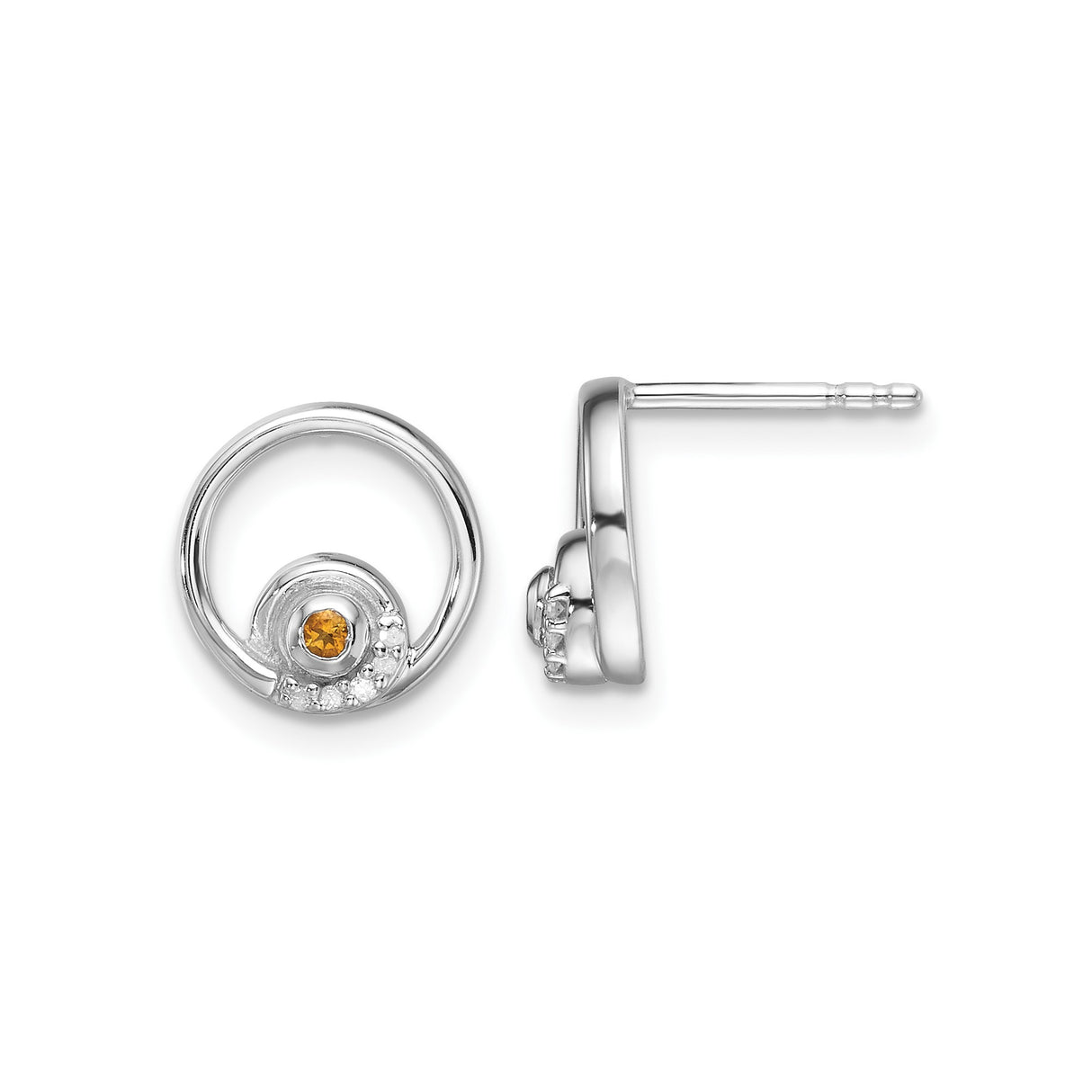 Sterling Silver Spiral Stud Earrings with Citrine and Diamond Accents, Modern Open Circle Design