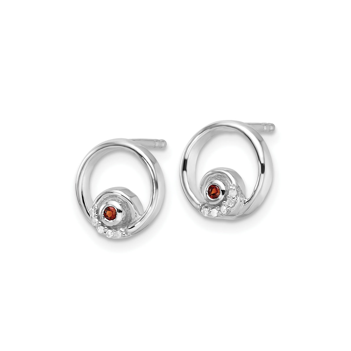 Sterling Silver Stud Earrings with Garnet and Diamond, Open Circle Swirl Design